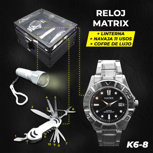 K6-1 RELOJ MATRIX + LINTERNA Y MULTIHERRAMIENTA ESTUCHE METAL LUJO